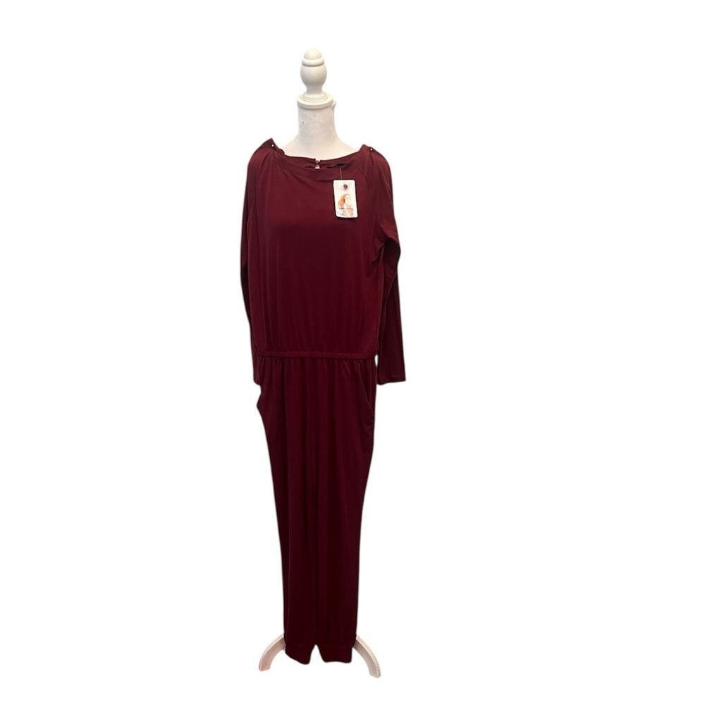 NWT Pretty Garden size small long sleeve elastic waist pockets burgundy jumpsuit
